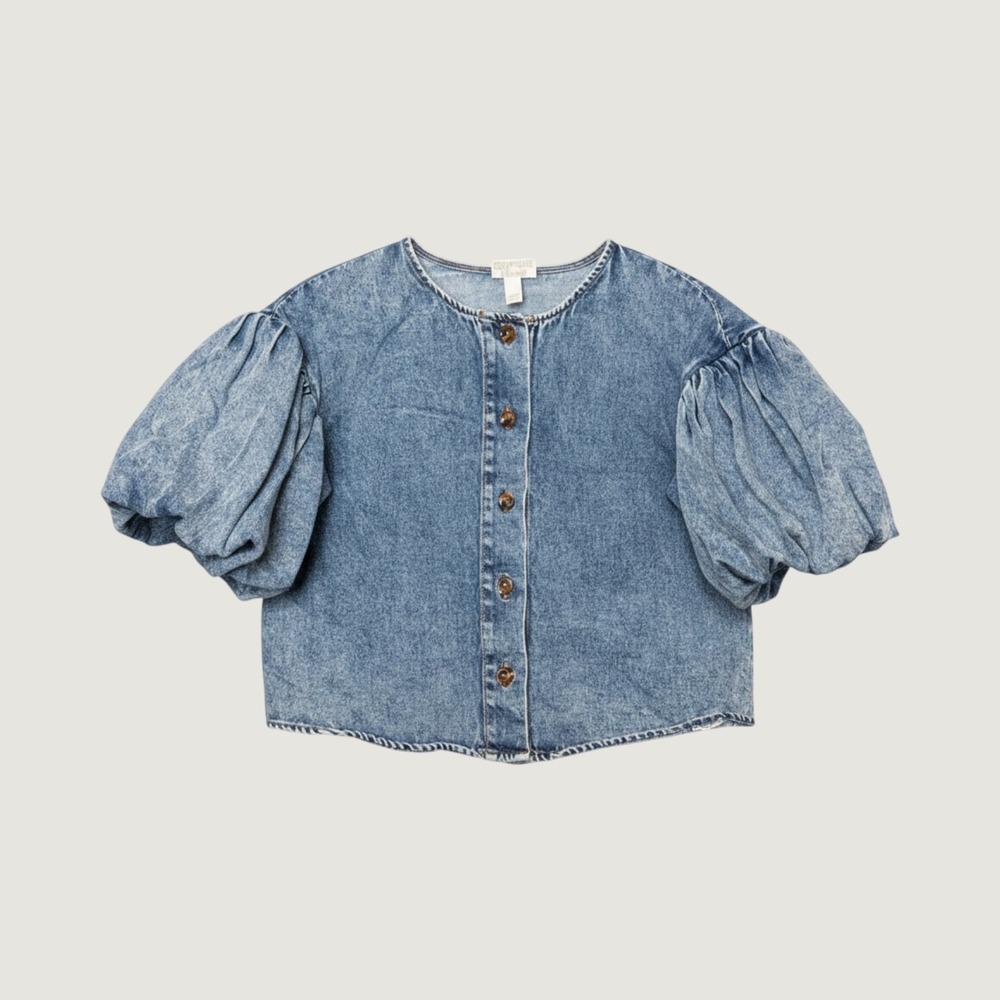 Bohemian Acid Wash Denim Puff Sleeve Cropped Button Front Top Small Blue Coastal